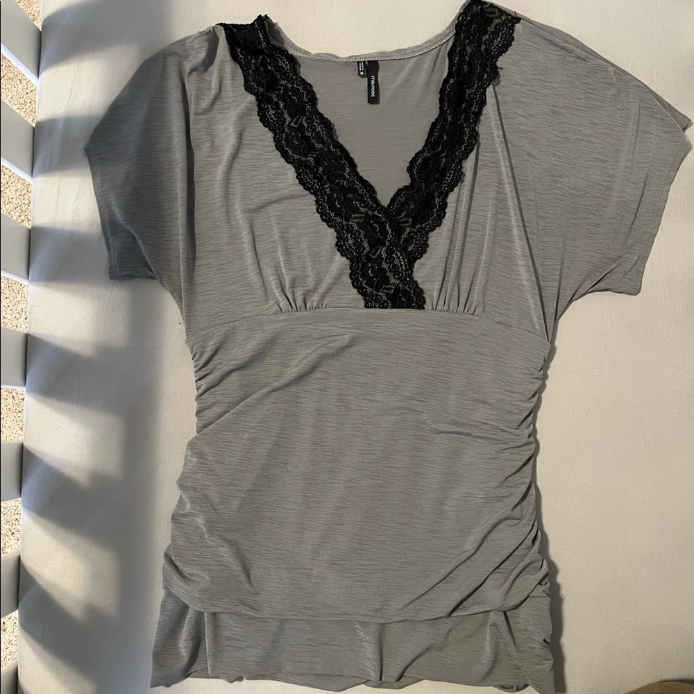 Maurice’s grey dress shirt v neck with black lace detail